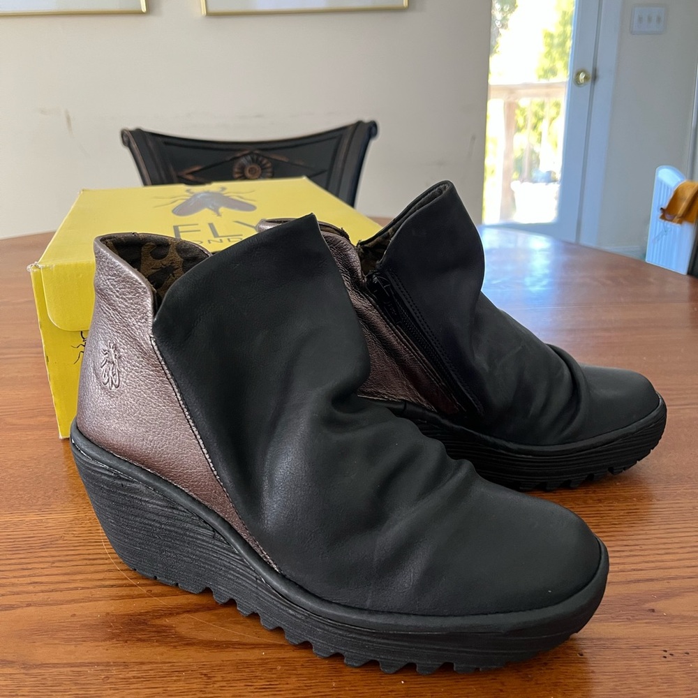 Fly London YIP Black/Bronze Wedge Ankle Boots